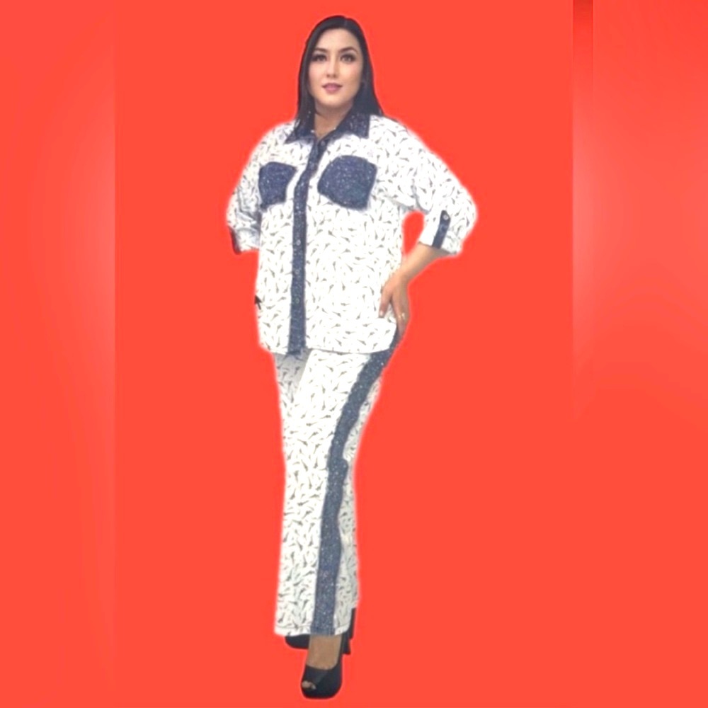 White and Black Patterned Shirt and Pants Set